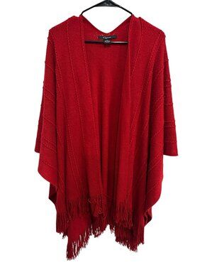 Cejon One Size Red Fringe Hem Open Front Knit Poncho Whimsical Cozycore